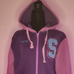 JINX Overwatch Varsity Sombra Men's Gamer Zip-Up Hoodie, Purple/Pink, Large